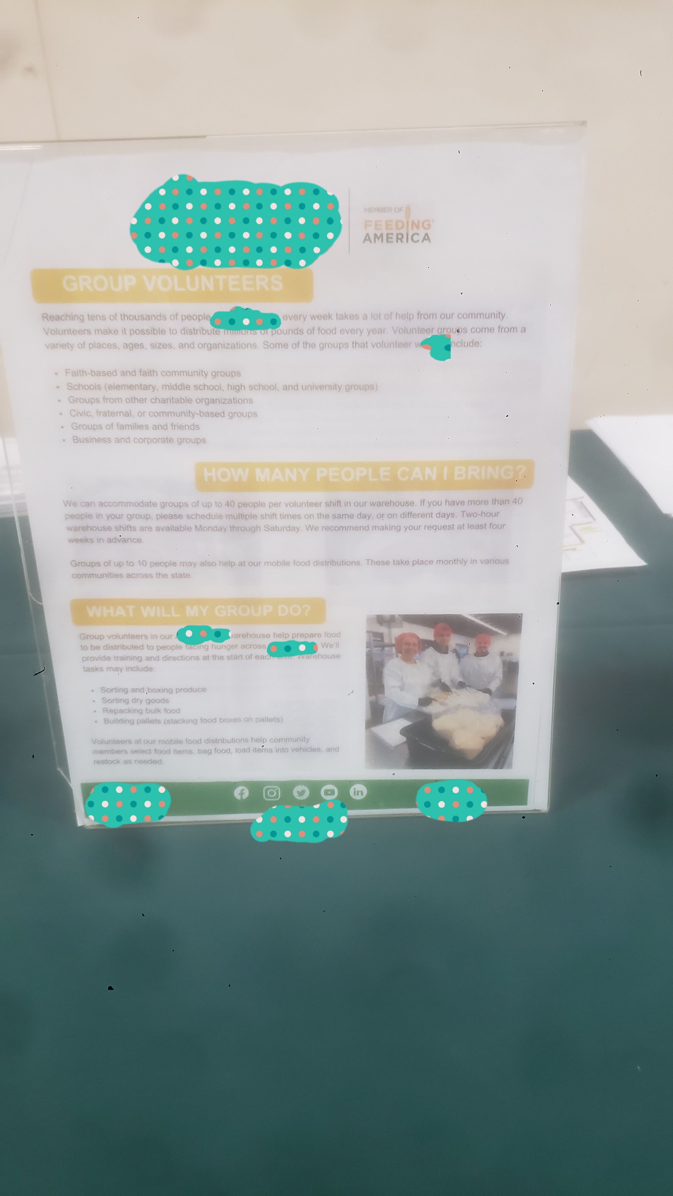 Flyer that talks about group volunteering at a food bank listing how many can join and what do they will do.